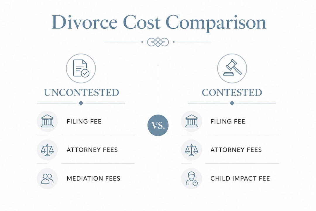 Infographic comparing costs of contested vs uncontested divorce in NH