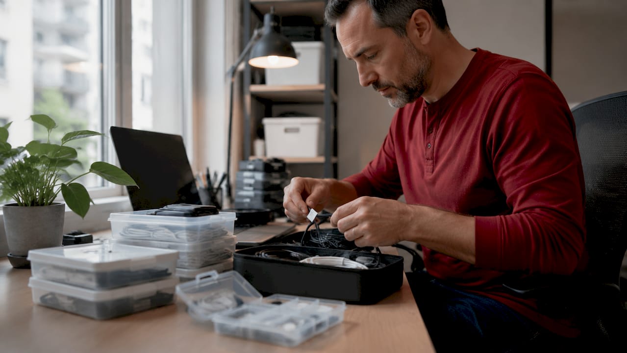Hands unplugging and organizing TV cables