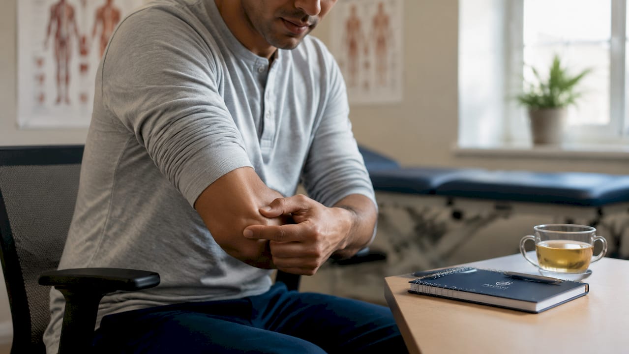 Close-up arm pressing inner elbow bone