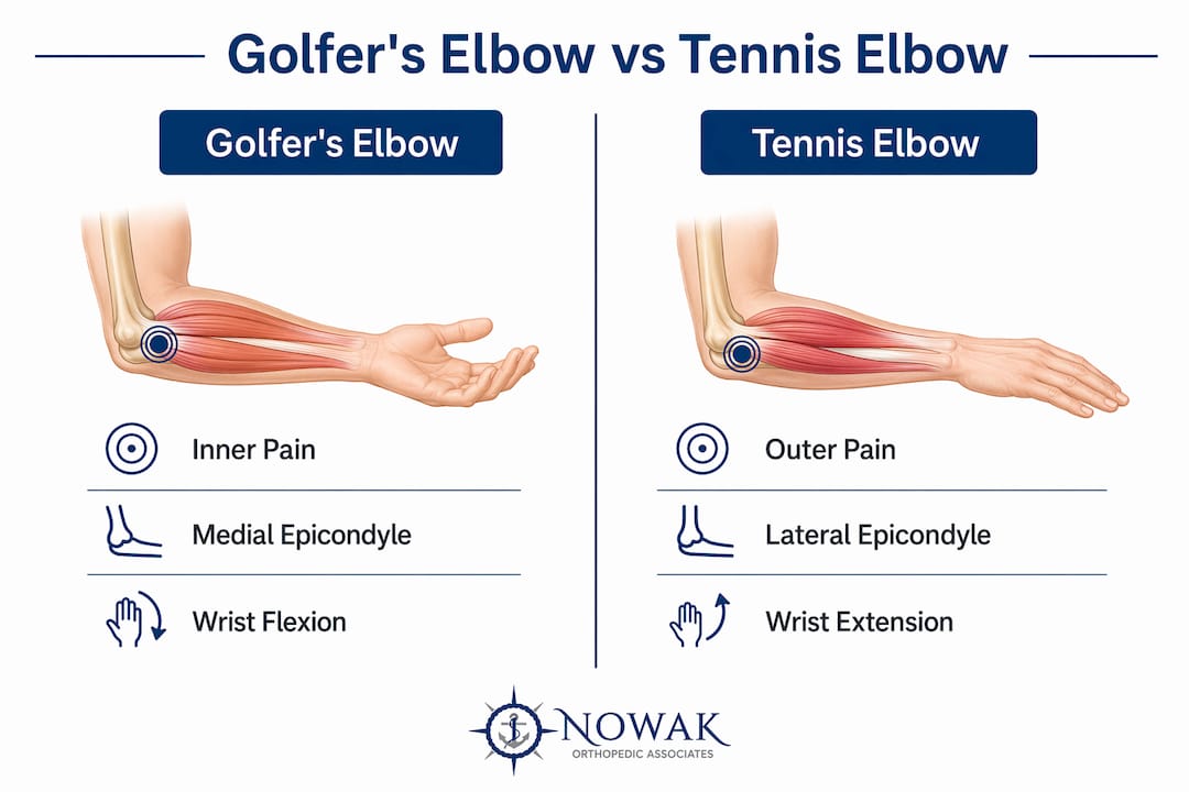 Comparison infographic of golfer's and tennis elbow key differences