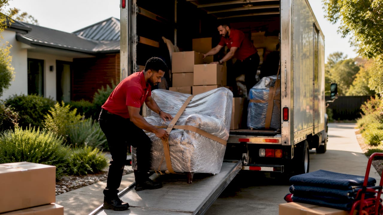 Professional movers loading furniture into truck