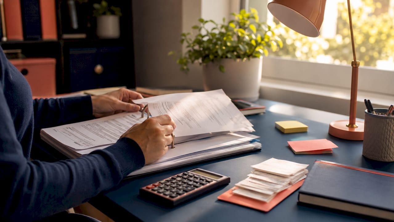 Hands writing estate ledger in home office