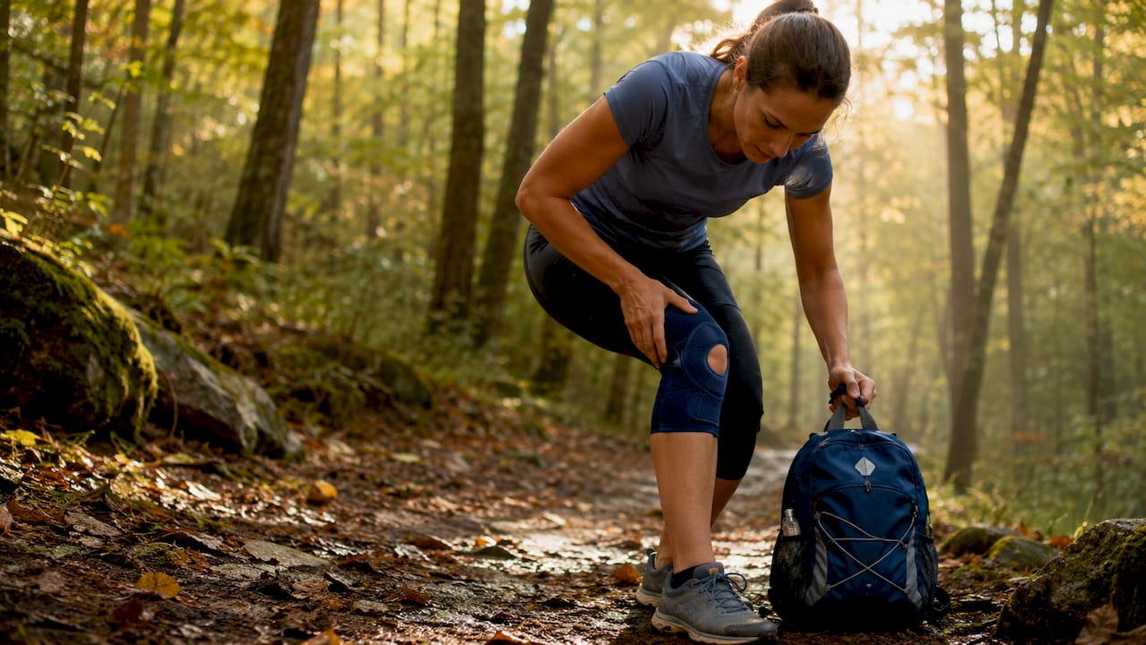 Woman adjusting knee brace outdoors on humid morning