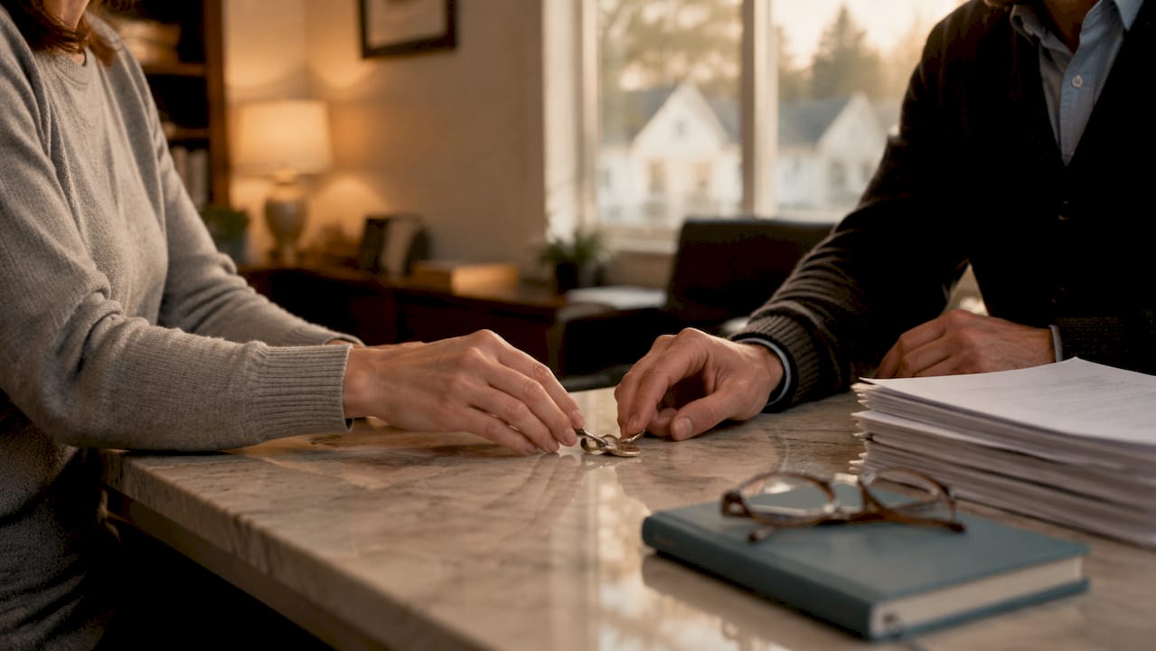 Hands exchanging house key in divorce asset division