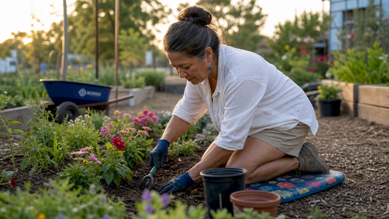 Woman kneeling while gardening using kneeler