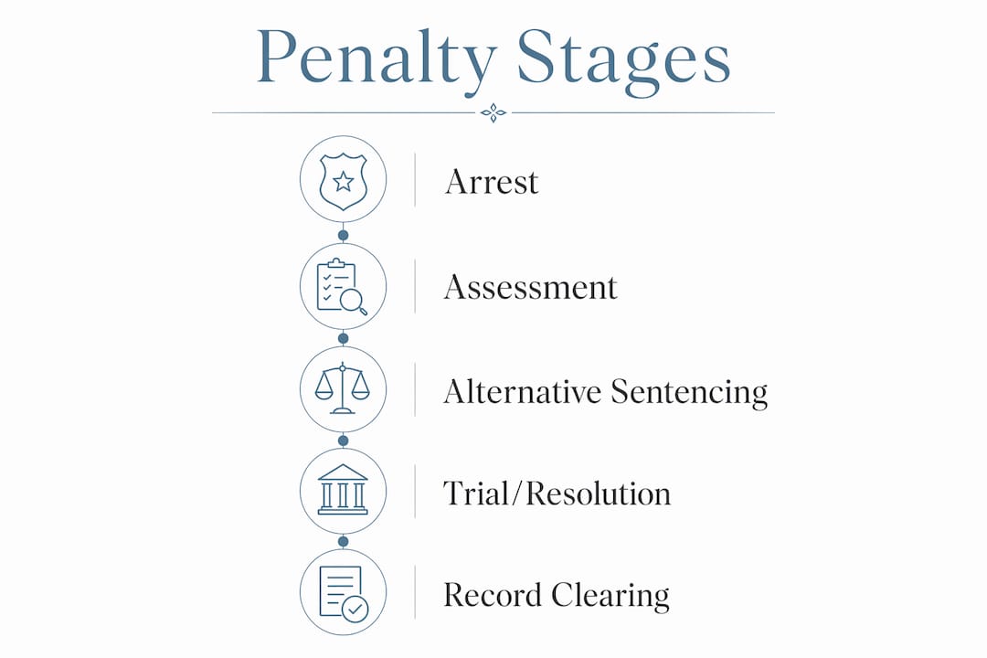 Vertical infographic outlining penalty stages for drug charges