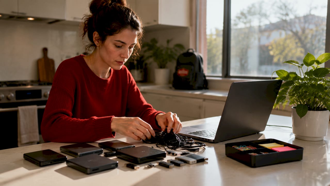 Hands sorting digital storage devices on desk