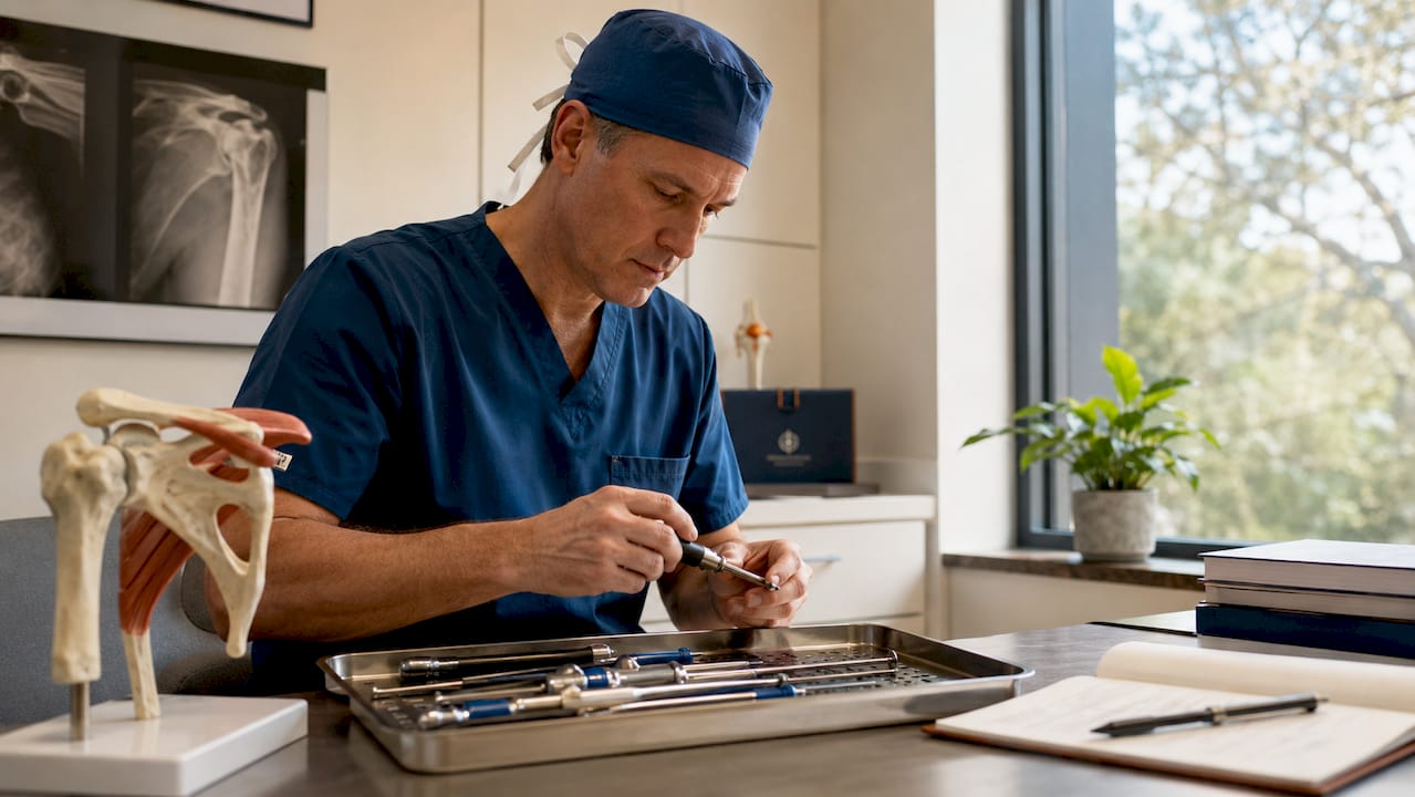 Orthopedic surgeon preparing instruments for shoulder surgery