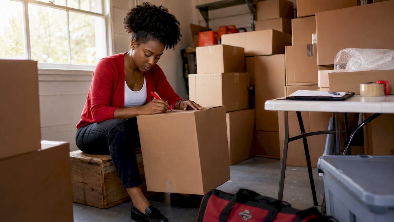 Woman labeling moving boxes in office storage
