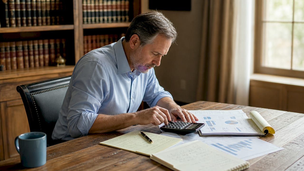 Hands calculating alimony duration with calculator and documents