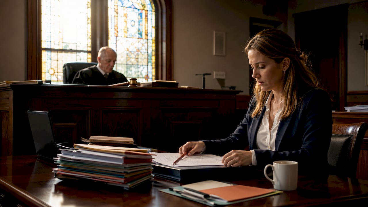 Courtroom clerk organizing files near judge’s bench