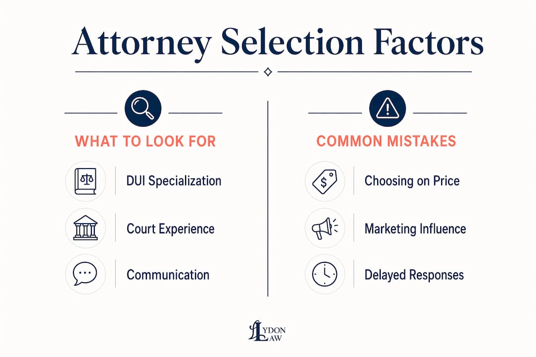 Infographic comparing DUI attorney selection factors and mistakes