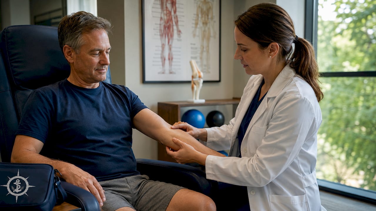 Doctor examining patient's elbow nerve