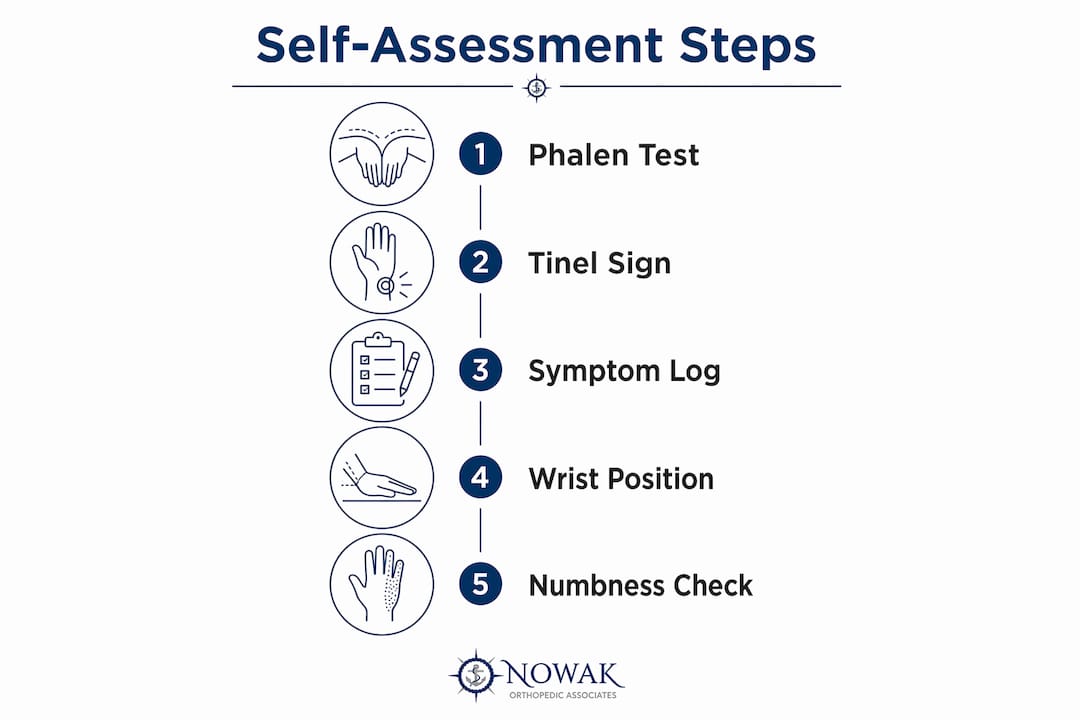 Infographic showing steps for self-assessment of carpal tunnel syndrome