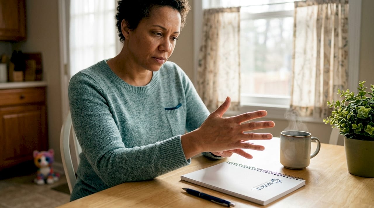 Woman inspecting hand discomfort symptoms
