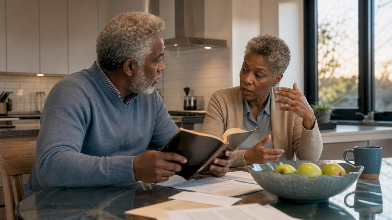 Couple discussing divorce papers in living room