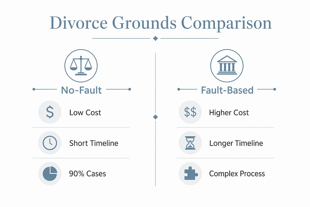 Infographic comparing no-fault and fault-based divorce grounds