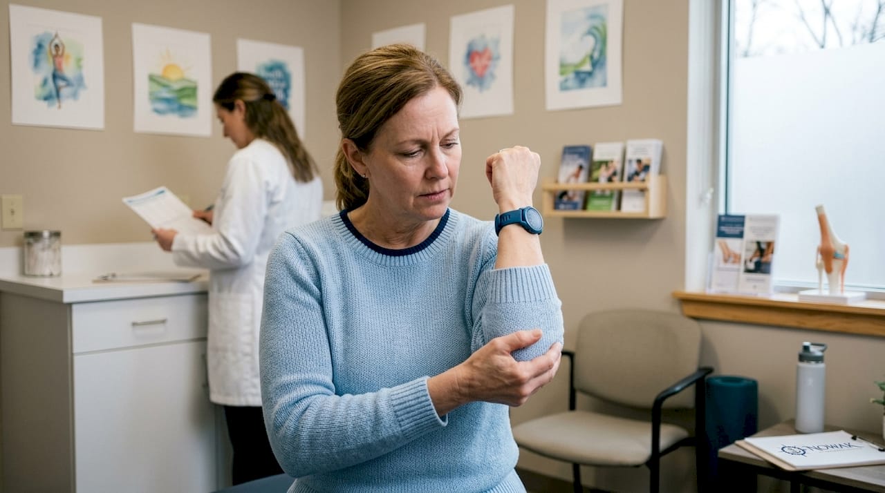 Patient gently touching elbow in clinic