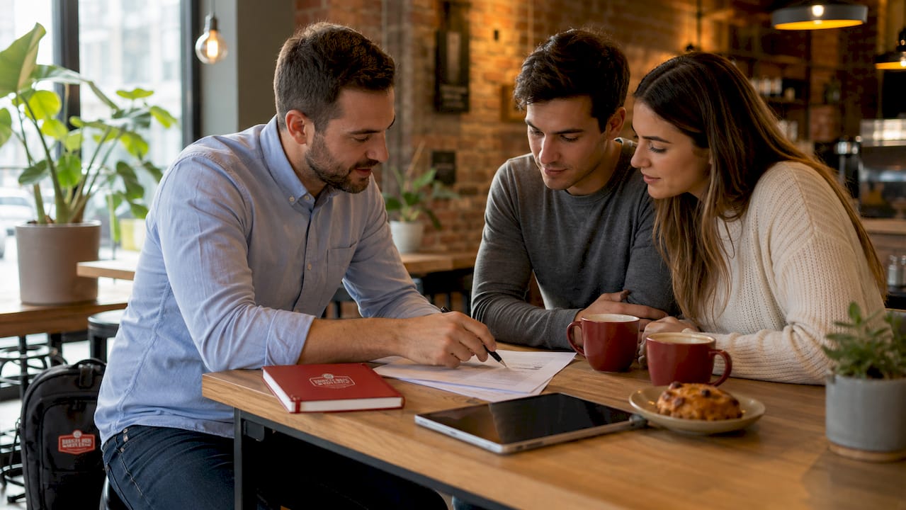 Moving consultant advising young couple in office