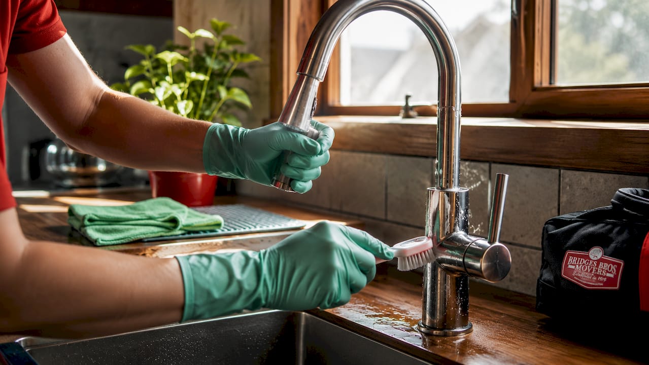 Hands scrubbing kitchen faucet during cleaning