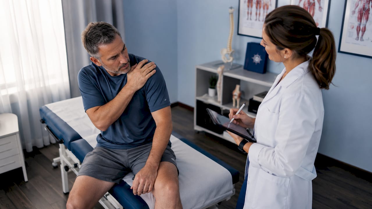 Orthopedic doctor examining patient's shoulder