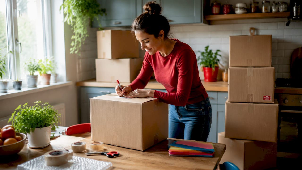 Hands labeling moving boxes with supplies nearby