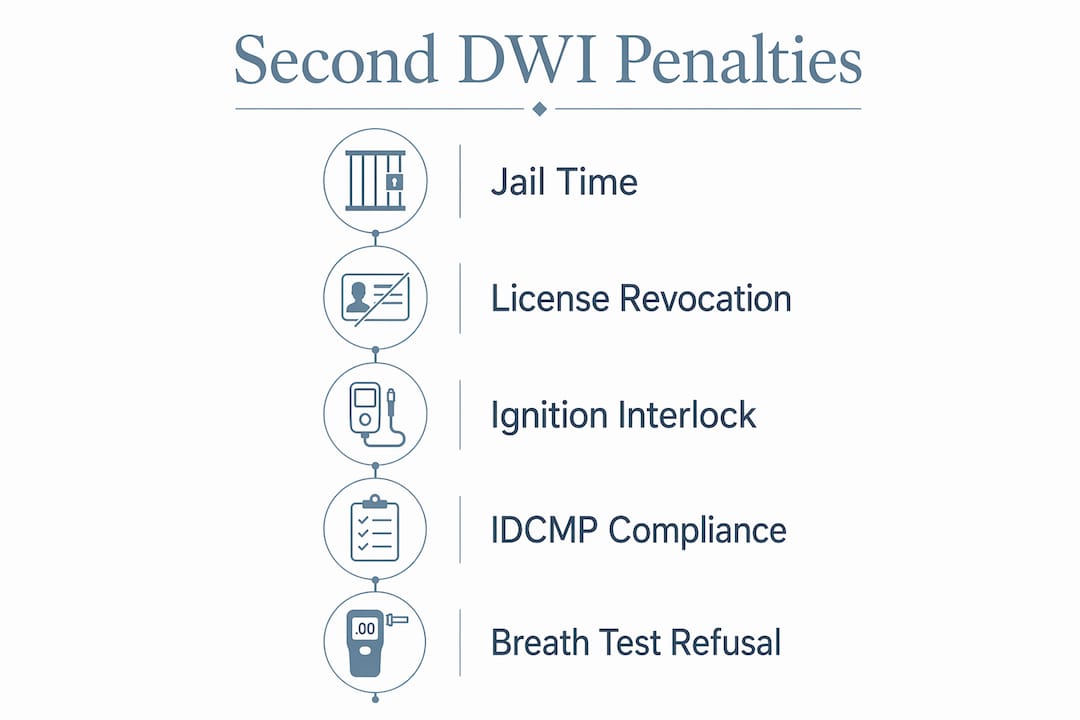 Infographic outlining second DWI penalties steps