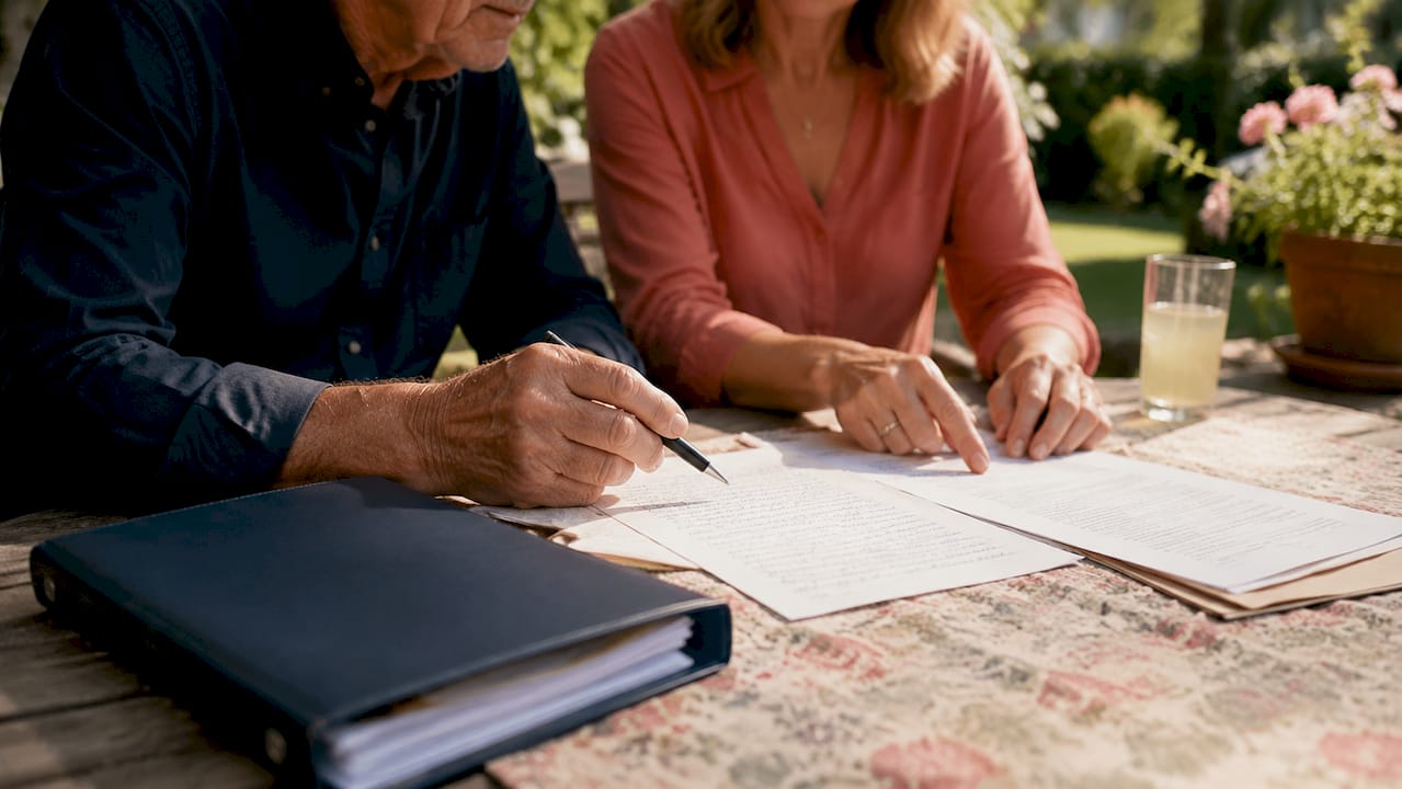 Hands sorting estate papers on home table
