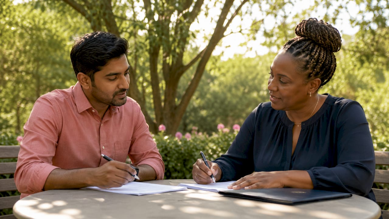 Two people engaged in mediation session