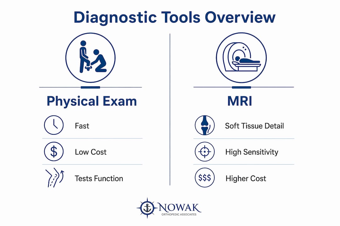Infographic comparing physical exam and MRI diagnostic tools