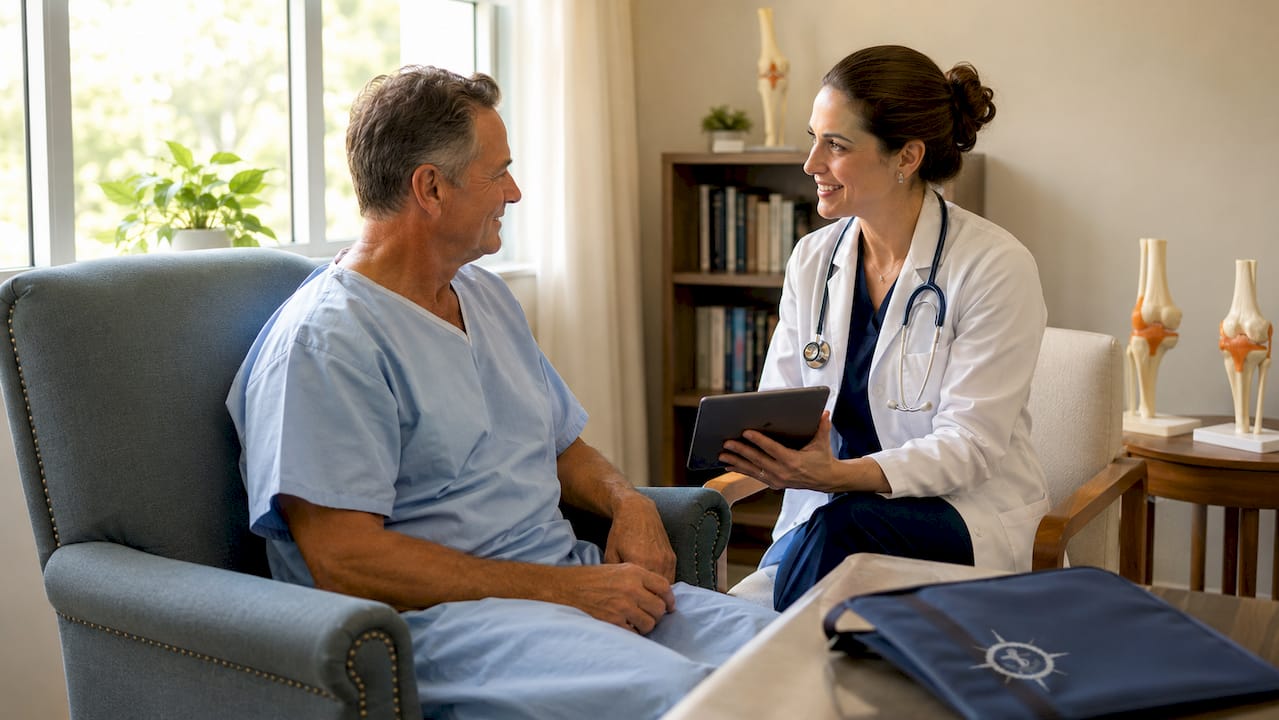 Orthopedic doctor consulting patient in exam room