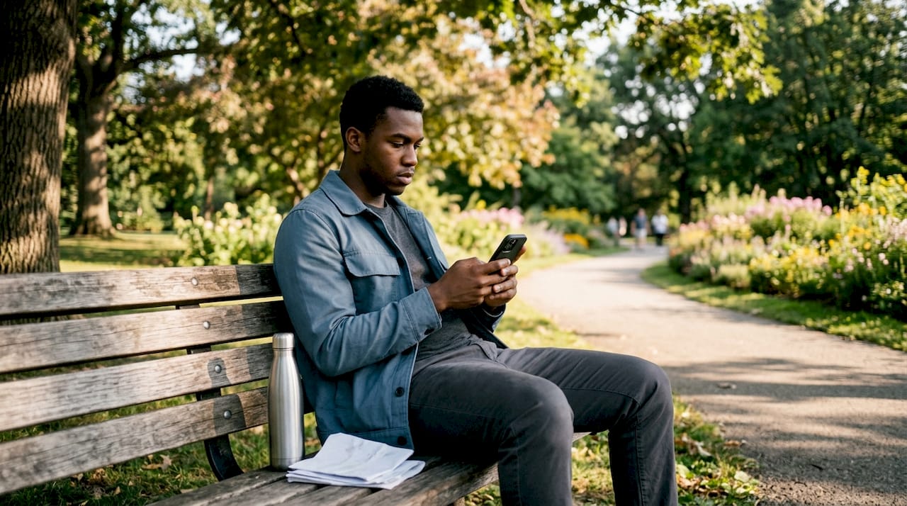 Man researching legal rights on smartphone at home