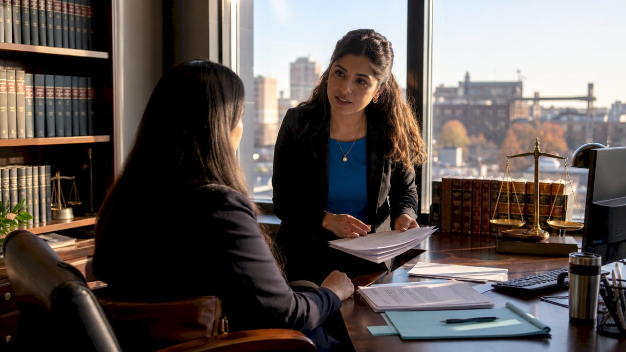 Female lawyer reviewing OUI case files in office
