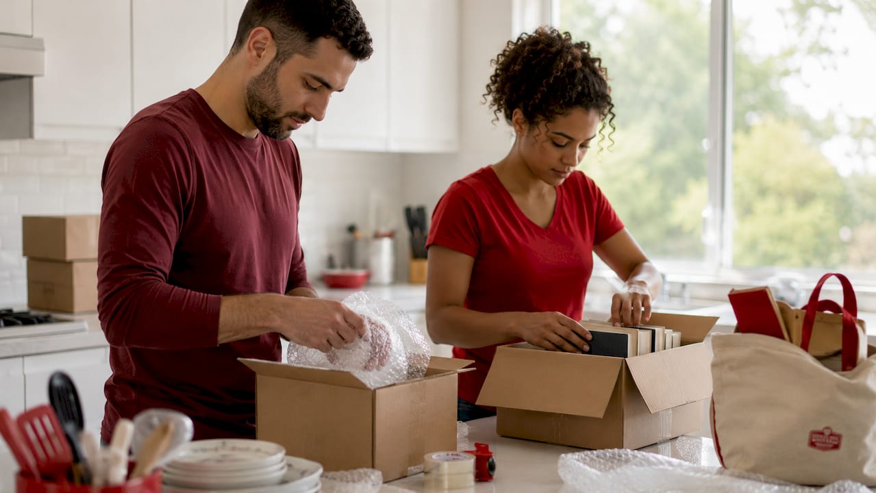 Movers packing boxes in residential living room