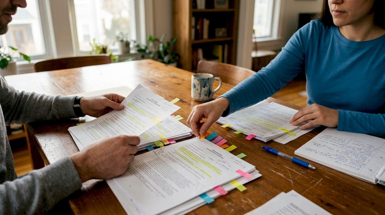Hands organizing legal evidence on table