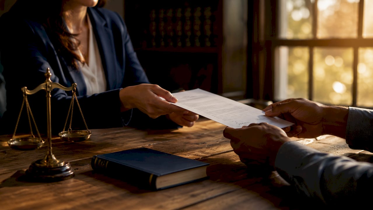 Hands exchanging legal document at conference table