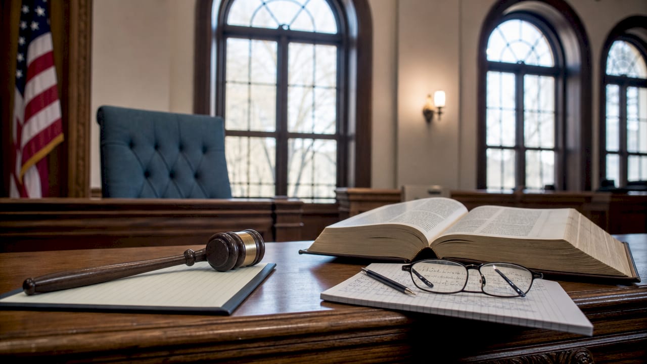 Judge’s desk with gavel and legal book