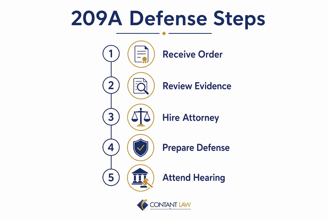 Infographic outlining steps to defend false 209A orders