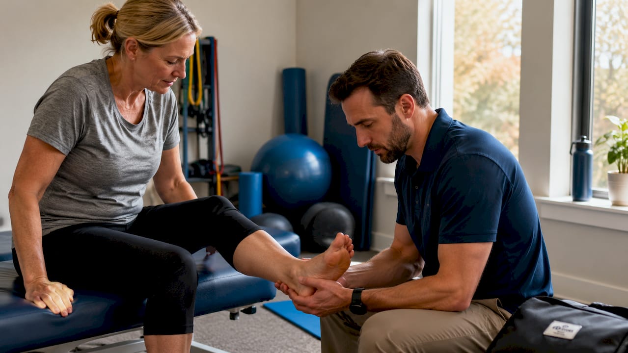 Physical therapist assisting ankle sprain rehabilitation exercise