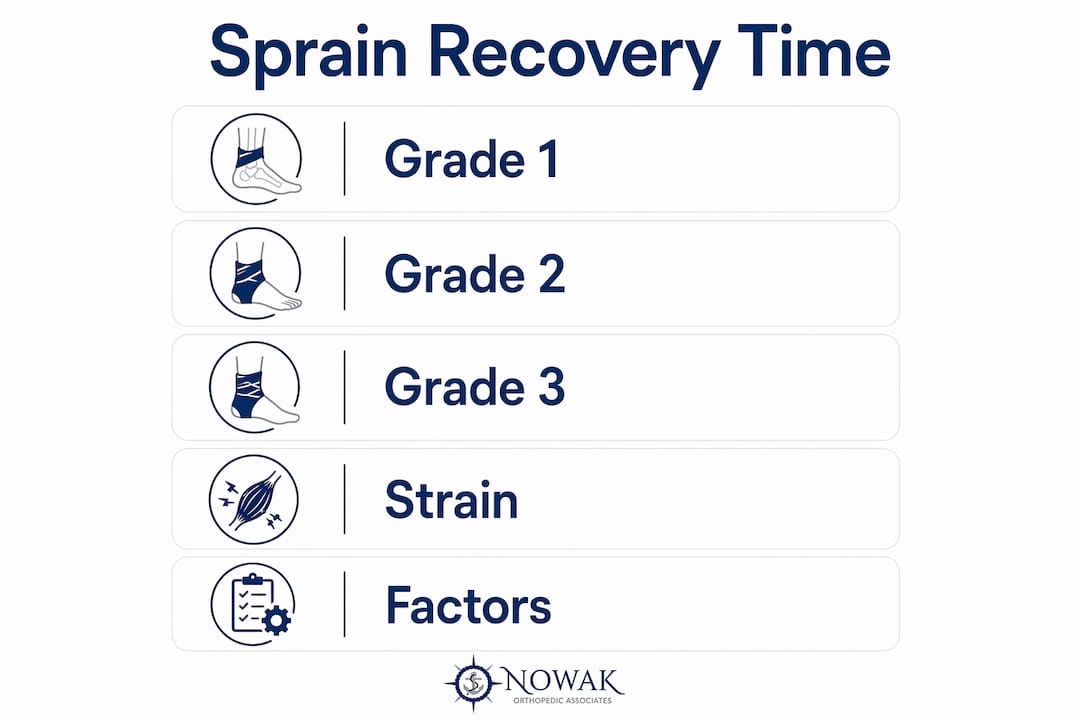 Infographic illustrating sprain and strain recovery timelines