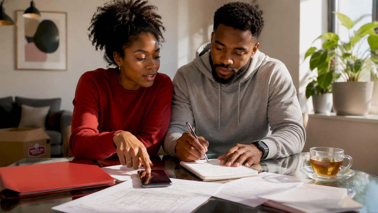 Couple planning moving packages at kitchen table
