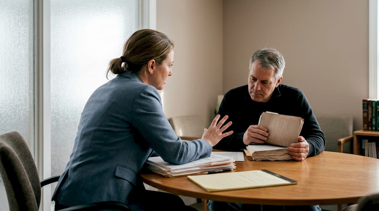 Public defender consulting domestic violence client in courtroom
