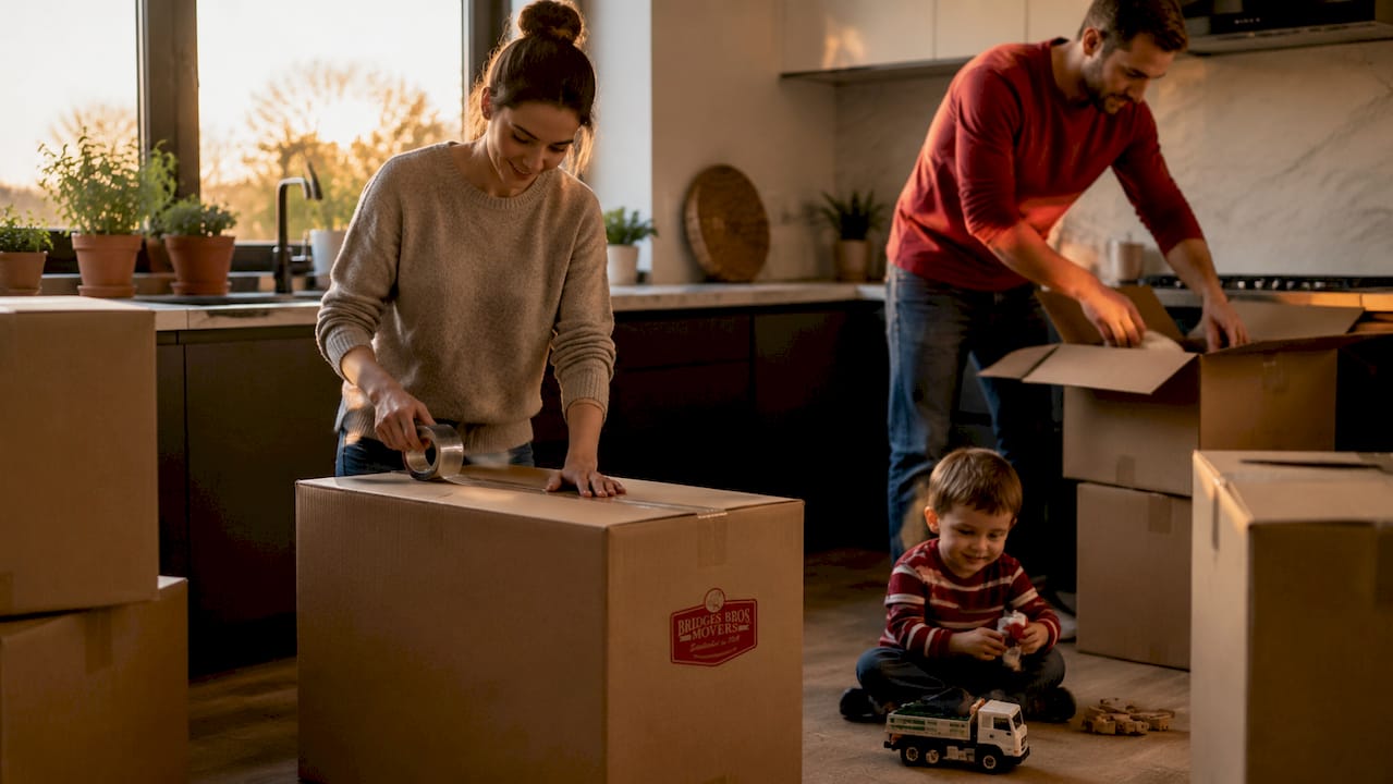 Family packing labeled boxes for interstate move