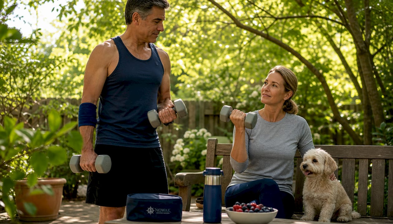 Adults doing gentle forearm exercises at home
