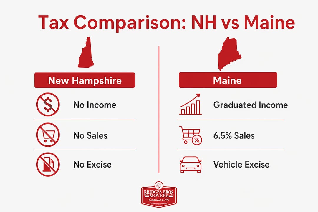 Infographic comparing NH and Maine tax types