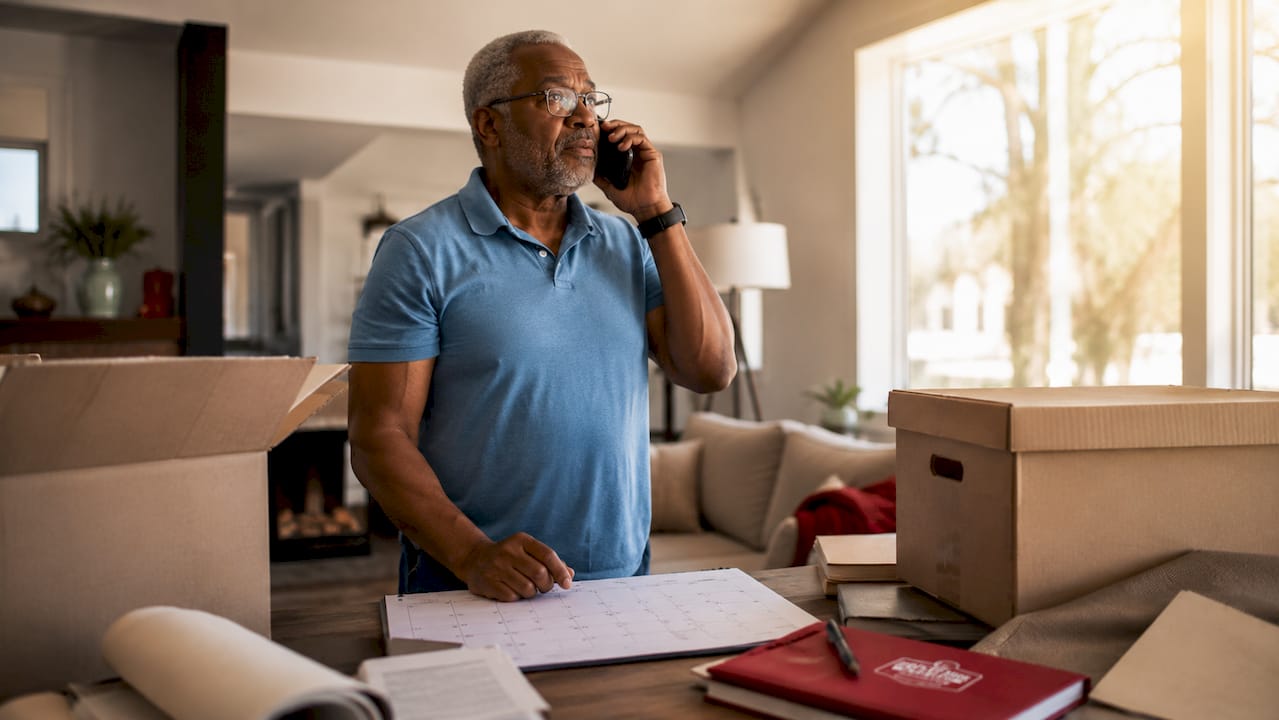 Man booking movers by phone at kitchen table