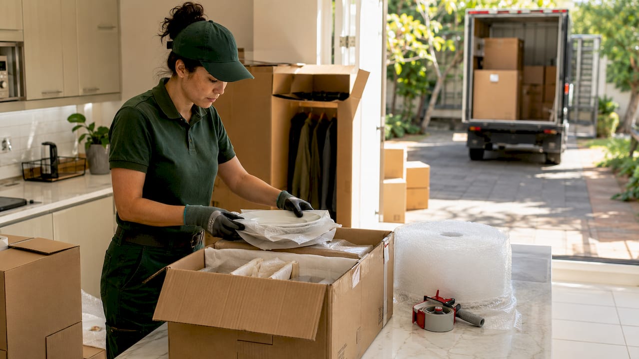 Mover organizing professional packing materials indoors