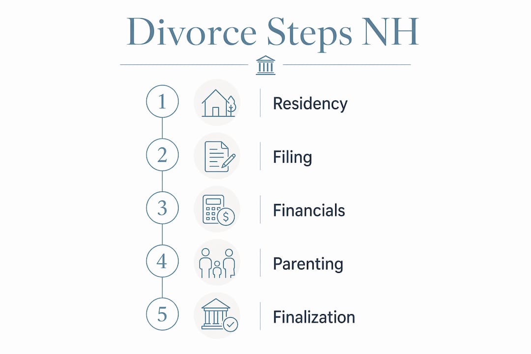 Infographic showing divorce process steps in New Hampshire