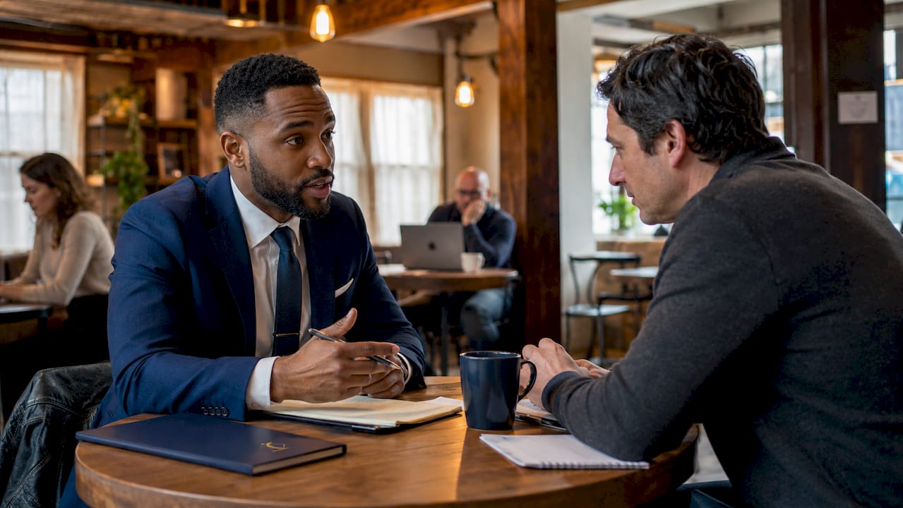 Attorney advising client in district court meeting room