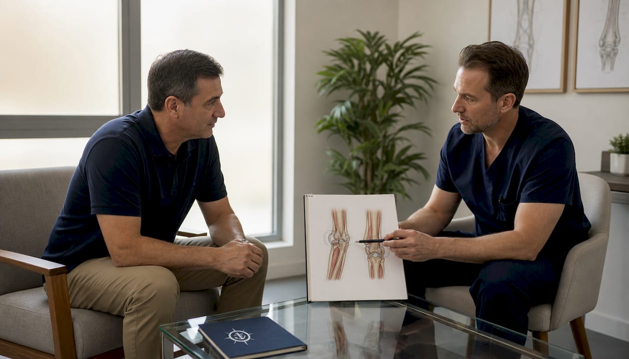 Orthopedic surgeon explaining triceps tendon injury to patient